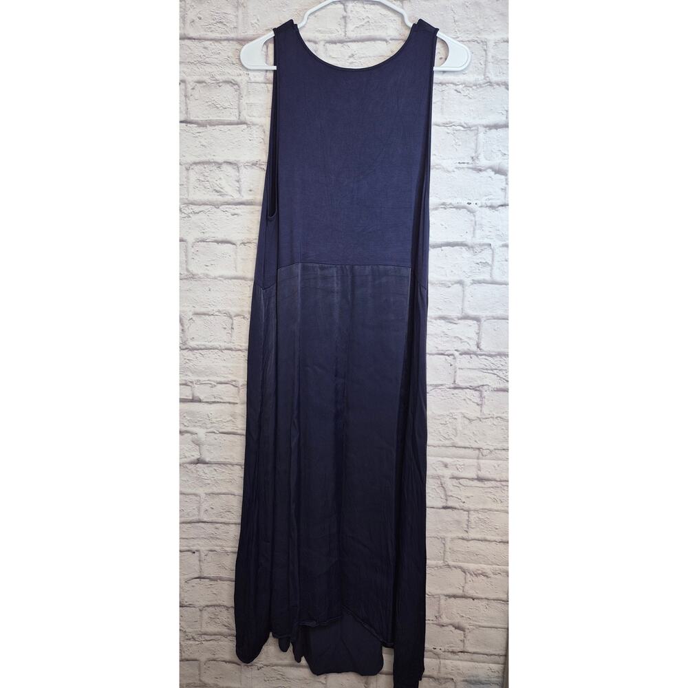 Anthropologie Gemini Mixed Media Midi Dress 1X Plus Blue Tank Satin Asymmetrical - Picture 4 of 7